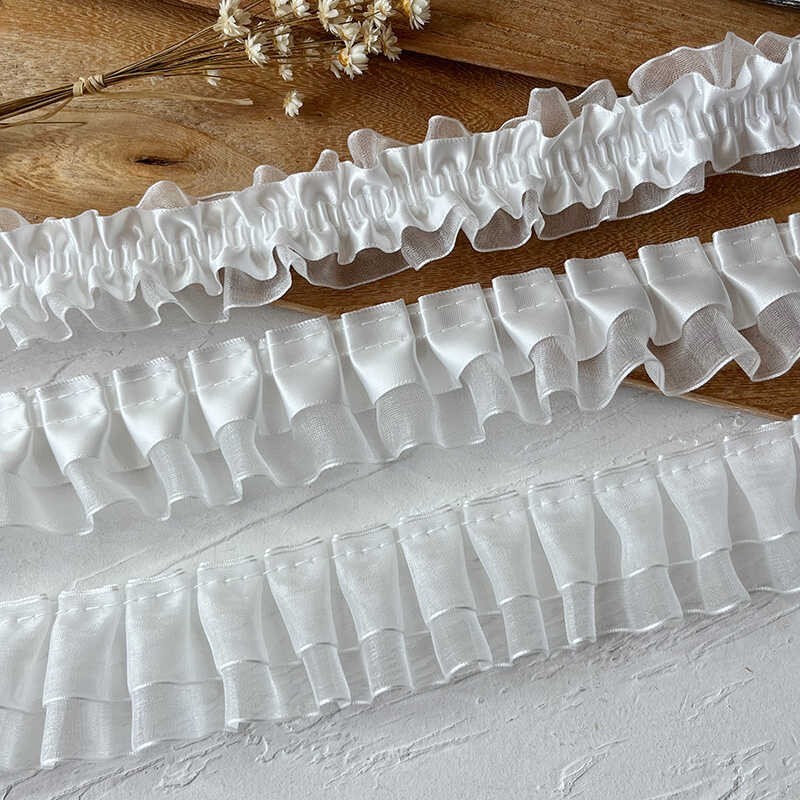 สีขาวสี Organza ซาตินจีบลูกไม้ริบบิ้น Lolita กระเป๋าตกแต่งผ้า Ruffle Trim DIY Ita กระเป๋าตกแต่ง
