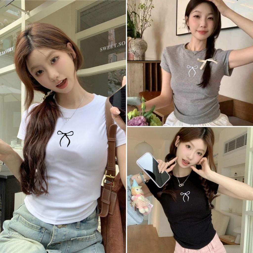 cherryshop พร้อมส่ง เสื้อยืดเข้ารูปผู้หญิง y2k เสื้อยืดโบว์สวยๆ ดีไซน์จีบด้านข้าง พิมพ์โบว์ แขนสั้น