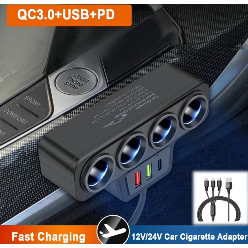 120w รถอะแดปเตอร์ไฟแช็ก 4 in1 12 V/24 V ซ็อกเก็ต USB QC3.0 PD3.1A รถ Fast Charger รถปลั๊กแปลง Fast Charge สําหรับโทรศัพท์ทั้งหมด
