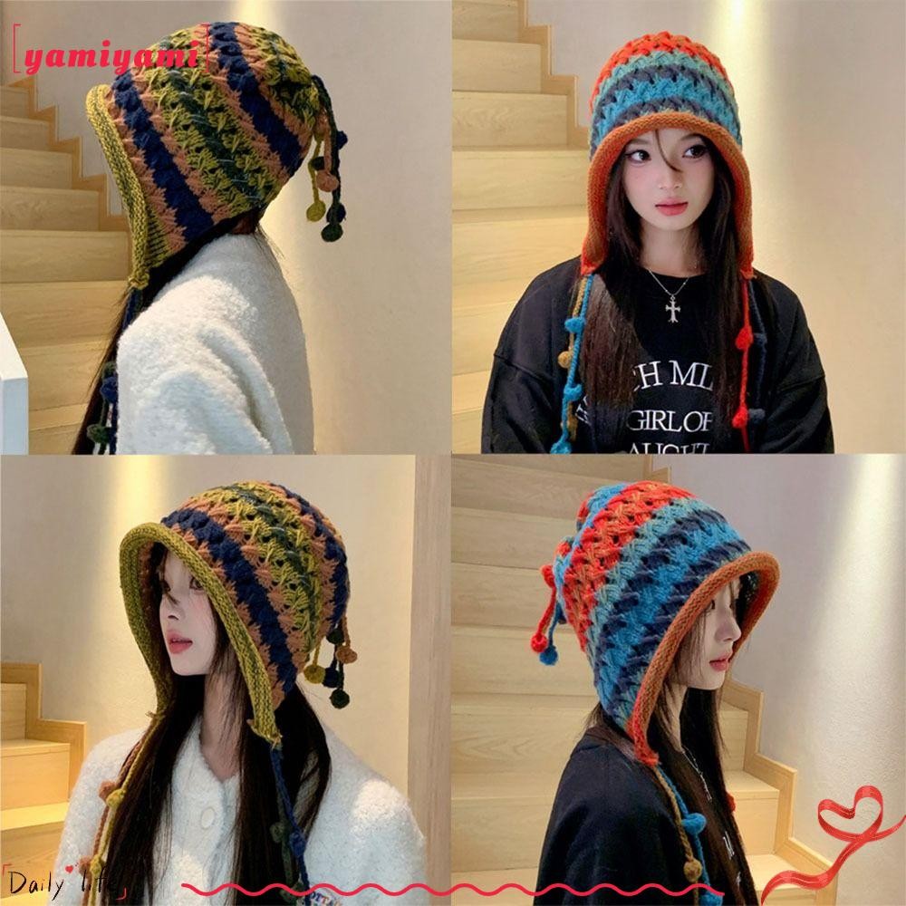 Yamiyami หมวกถัก, Hairball Tassel Beanie Cap, Sweet Colourful Winter Warm Windproof Ear Protector Cap