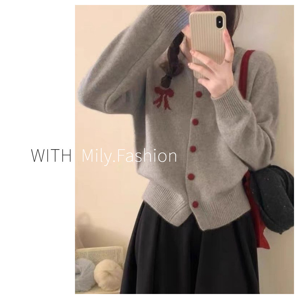 Milyfashion เสื้อคาร์ดิแกนถักฤดูใบไม้ผลิผู้หญิงเสื้อสเวตเตอร์แบบสั้นเสื้อตัวนอก2024รุ่นใหม่สไตล์เกาหลีโบว์นุ่มแฟชั่น