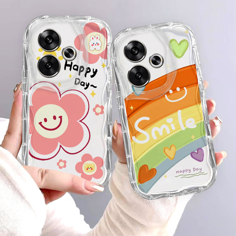 เคส POCO F6 การ์ตูนหน้ายิ้มเคสโทรศัพท์โปร่งใสคลุมทั้งหมดกับการ์ตูนสายรุ้งวัสดุ TPU นุ่ม PHSFX2