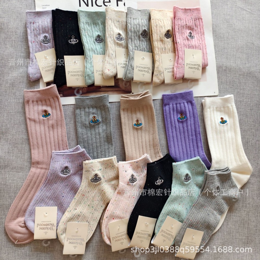 สินค้าใหม่ Queen Xi สีทึบเข็มคู่หลุมแถบ Dotted เส้นด้ายถุงเท้าผู้หญิง Saturn ปัก Macaron Candy สีผ้าฝ้ายผสม Midd