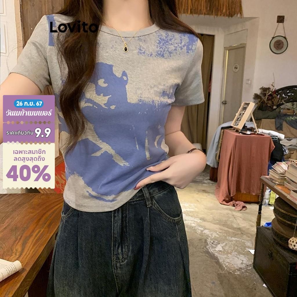 Lovito เสื้อยืดผู้หญิง แบบพิมพ์ลาย สไตล์ลำลอง LNA63346