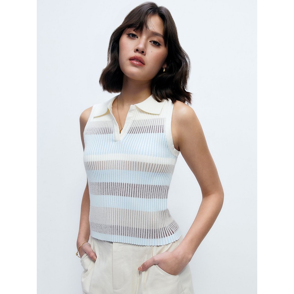 [Pomelo] เสื้อแขนกุดไหมพรมลายทางสไตล์ทรีโทนมาพร้อมคอปกและกระดุม / Three Tone Stripe Rib-Knitted Sleeveless Button Tank T