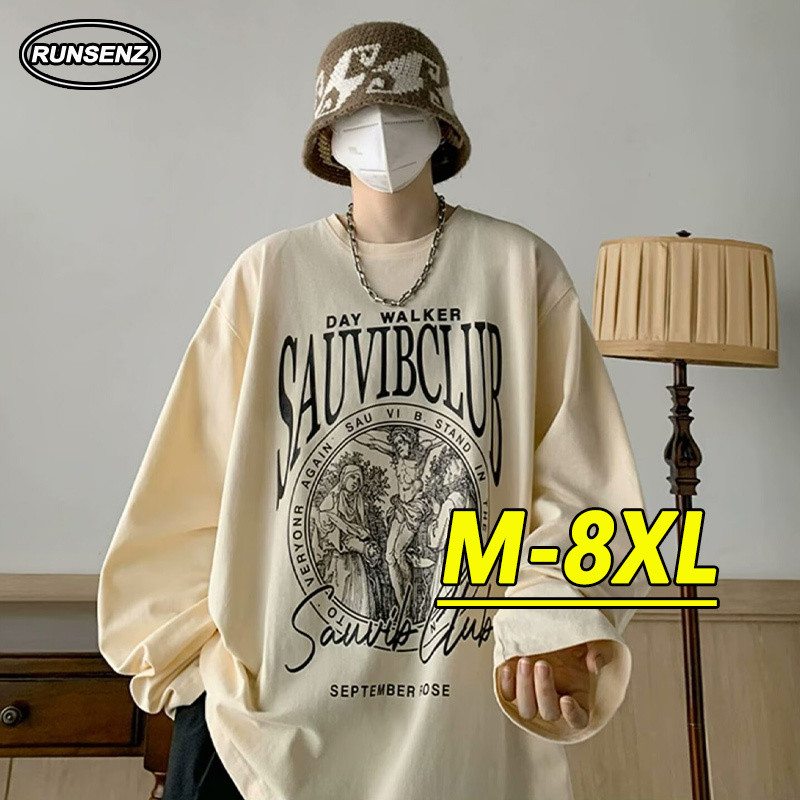 M-8xl เสื้อยืดแขนยาวสไตล์เกาหลีสตรีทผู้ชายขนาดบวกคอกลมลําลองหลวมเสื้อยืดขนาดใหญ่