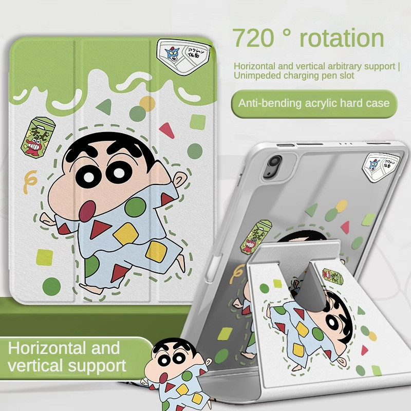 720° เคส iPad หมุนได้พร้อมช่องเสียบปากกาชุดนอนสีเขียว Crayon Shin chan อะคริลิค Backboard Pro11 Gen10 Gen9 Gen8 Gen7 10.2 นิ้ว Gen6 Gen5 Air6 Air5 Air4 Air3 Air2 ฝาครอบ iPad หมุนได้