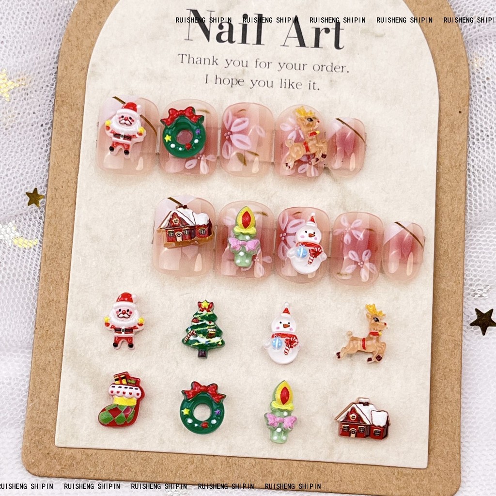 50 ชิ้นคริสต์มาสการ์ตูนเกราะเครื่องประดับน่ารักสามมิติ Elk Snowman ต้นคริสต์มาสดอกไม้แหวน DIY อุปกรณ์ตกแต่งเล็บ