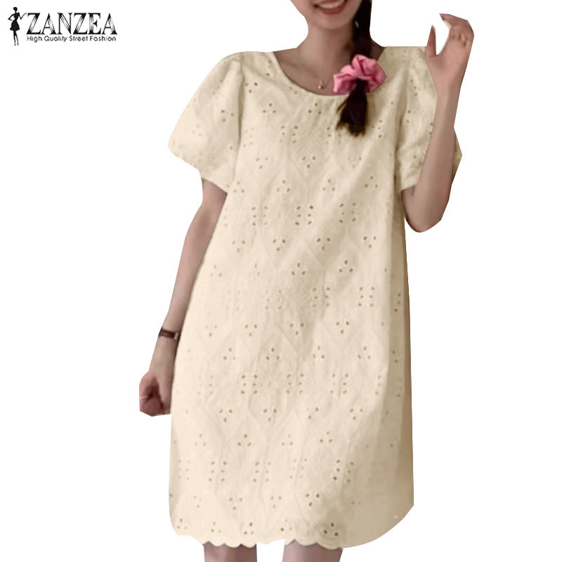ZANZEA ซานเซีย ผู้หญิงเกาหลีลําลอง โอ-คอแขนสั้นอารมณ์หลวมเย็บปักถักร้อยชุด