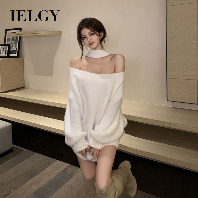IELGY เสื้อสเวตเตอร์เปิดไหล่ดีไซน์ผู้หญิงคล้องคอเสื้อถัก