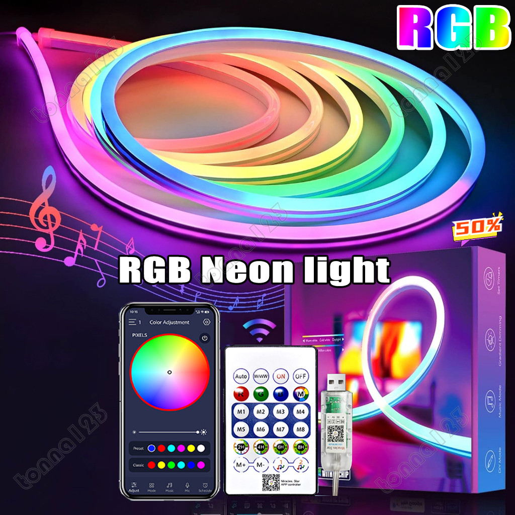 5v RGB Neon Strip Light 1M 2M 3M 4M 5M USB กันน้ํายืดหยุ่นริบบิ้นเทปนีออนไฟบลูทูธรีโมทคอนโทรลสําหรับตกแต่งบ้าน