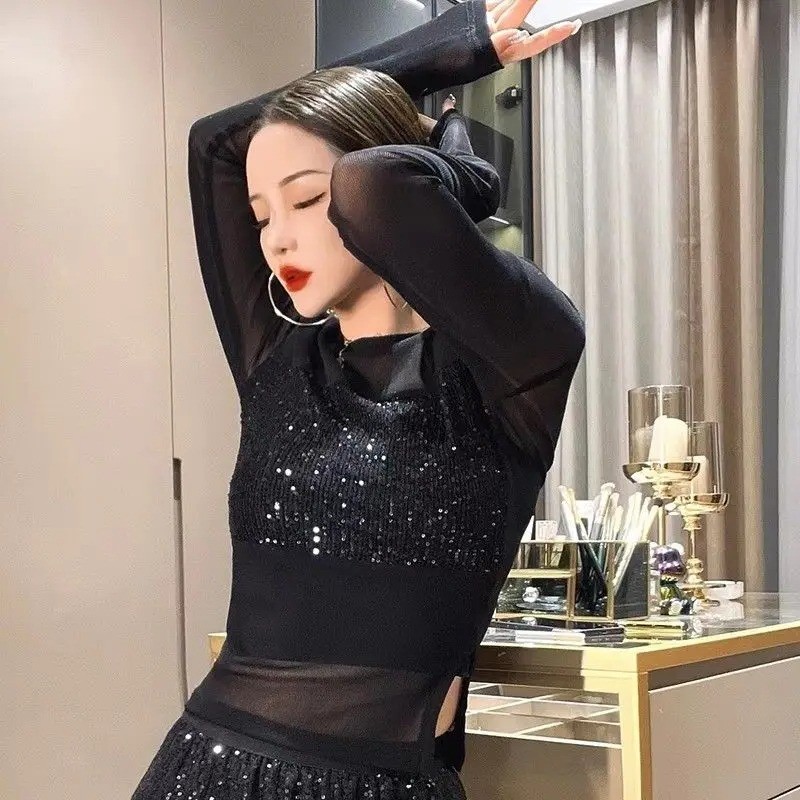 แขนยาวtเสื้อผู้หญิงglitterเซ็กซี่เสื้อผู้หญิงเลื่อมcoquetteเสื้อผ้าrhinestoneแขนความงามเสื้อผ้าtee E