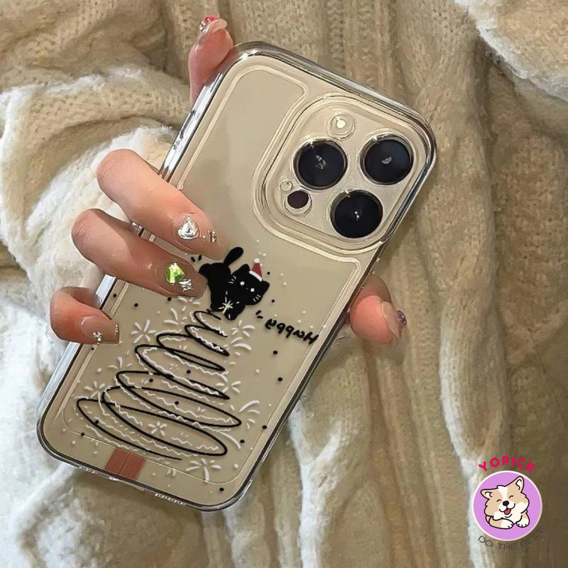 น่ารัก Christmas Tree Kitty เคสโทรศัพท์สําหรับ iPhone 16 15 14 13 12Pro Max 11 XR XS Max 7 8 Plus SE2020 การ์ตูนฝาครอบโทรศัพท์สําหรับ iPhone 16Pro 16Plus นุ่ม TA