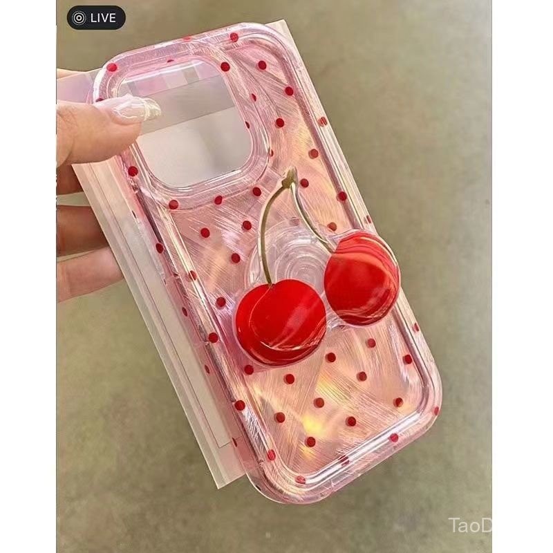 เคสมือถือสำหรับ iPhone 7 8 x XS XR xsmax 11 12 13 14 Pro Max PLUS INS สไตล์สีชมพูลายจุดตัวยึดเชอร์รี่เคสนิ่มกันกระแทกกันกระแทกเคส wupr