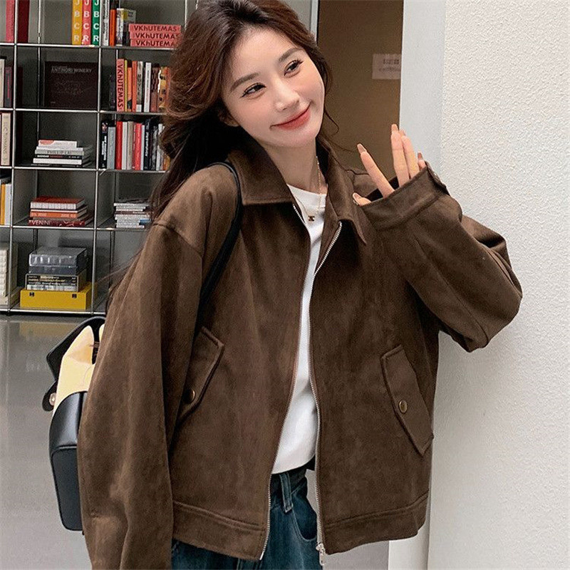 [เสื้อโค้ทสาว] เสื้อแจ็คเก็ตหนังกลับ Meirad สีกาแฟ สไตล์อเมริกันวินเทจ สำหรับผู้หญิง 2024