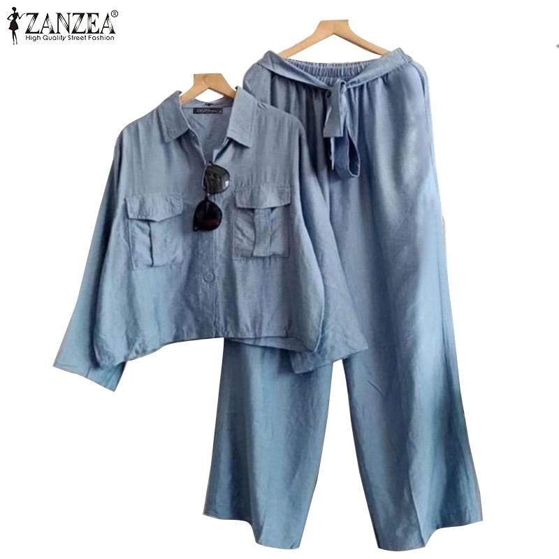 ZANZEA ใส่ ซานเซีย ผู้หญิงเกาหลีเปิดลงปกเอวยางยืดแขนยาวถอดเข็มขัดท็อปส์กางเกง