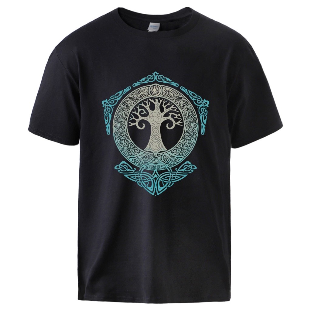 🤝เสื้อยืดกีฬาผ้าฝ้ายคอลูกเรือลําลองพิมพ์ Vikings For Man Yggdrasil Norse Mythology สําหรับผู้ชาย🖖