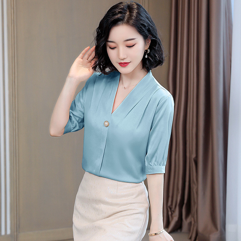 โวลต์ คอเสื้อสตรีธุรกิจลําลองฤดูร้อนเสื้อชีฟองด้านบน