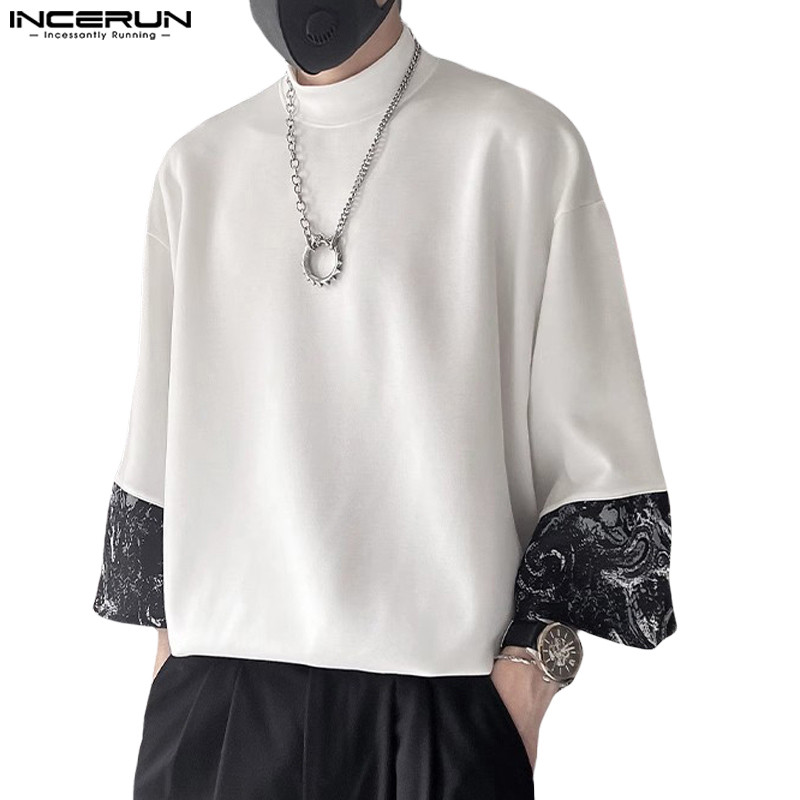 ไม่แน่นอน ผู้ชายเกาหลีลําลองครึ่งคอเต่าสามในสี่แขนเสื้อยืด