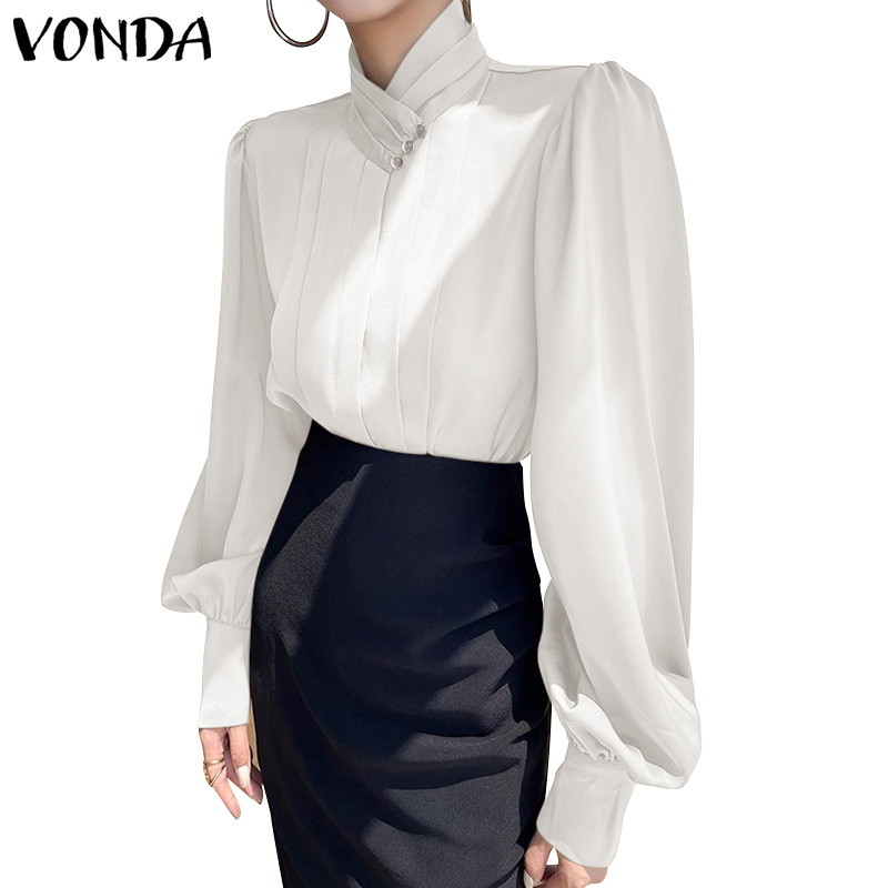 Vonda เสื้อเชิ้ตผู้หญิงวินเทจแฟชั่นสีทึบหรูหราจีบรูปตัว H