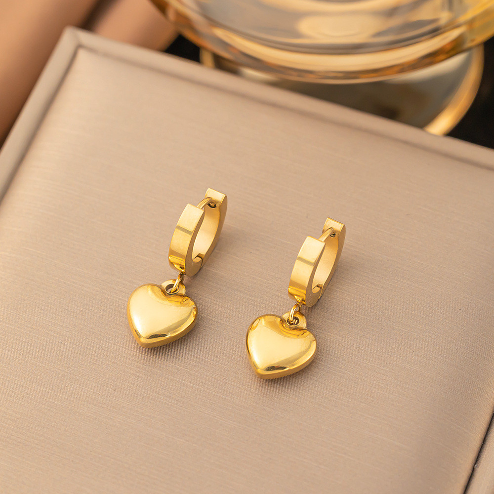 ไม่ซีดจาง Gold Heart จี้ไทเทเนียม/ต่างหูยาวสแตนเลสสําหรับผู้หญิง Hypoallergenic Dangle/Drop Hoops