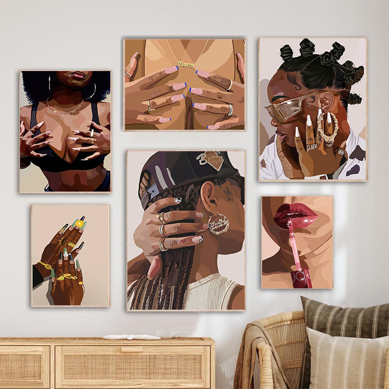สีดําแฟชั่นเต้นรําสาว Wall Art Hip Hop แว่นตากันแดดเครื่องประดับผ้าใบลิปสติกแหวนโปสเตอร์ห้องนั่งเล่นตกแต่งห้องนอน