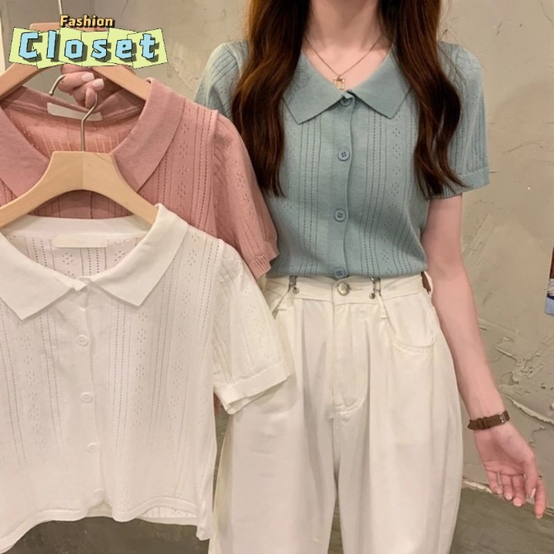 Cilset🛒พร้อมส่ง🎀เสื้อยืดโปโลคอปก เสื้อครอป ไหมพรมคอปแขนสั้น แบบบางผ้านิ่ม เหมาะกับฤดูร้อน สไตล์ลำลอง /9169
