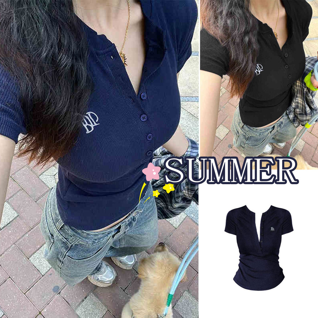 Dahong 2665 เสื้อยืดแขนสั้นย้อนยุคผู้หญิง สไตล์เกาหลีฤดูร้อนย้อนยุคสุภาพสตรีปุ่ม เสื้อยืดแขนสั้นบาง