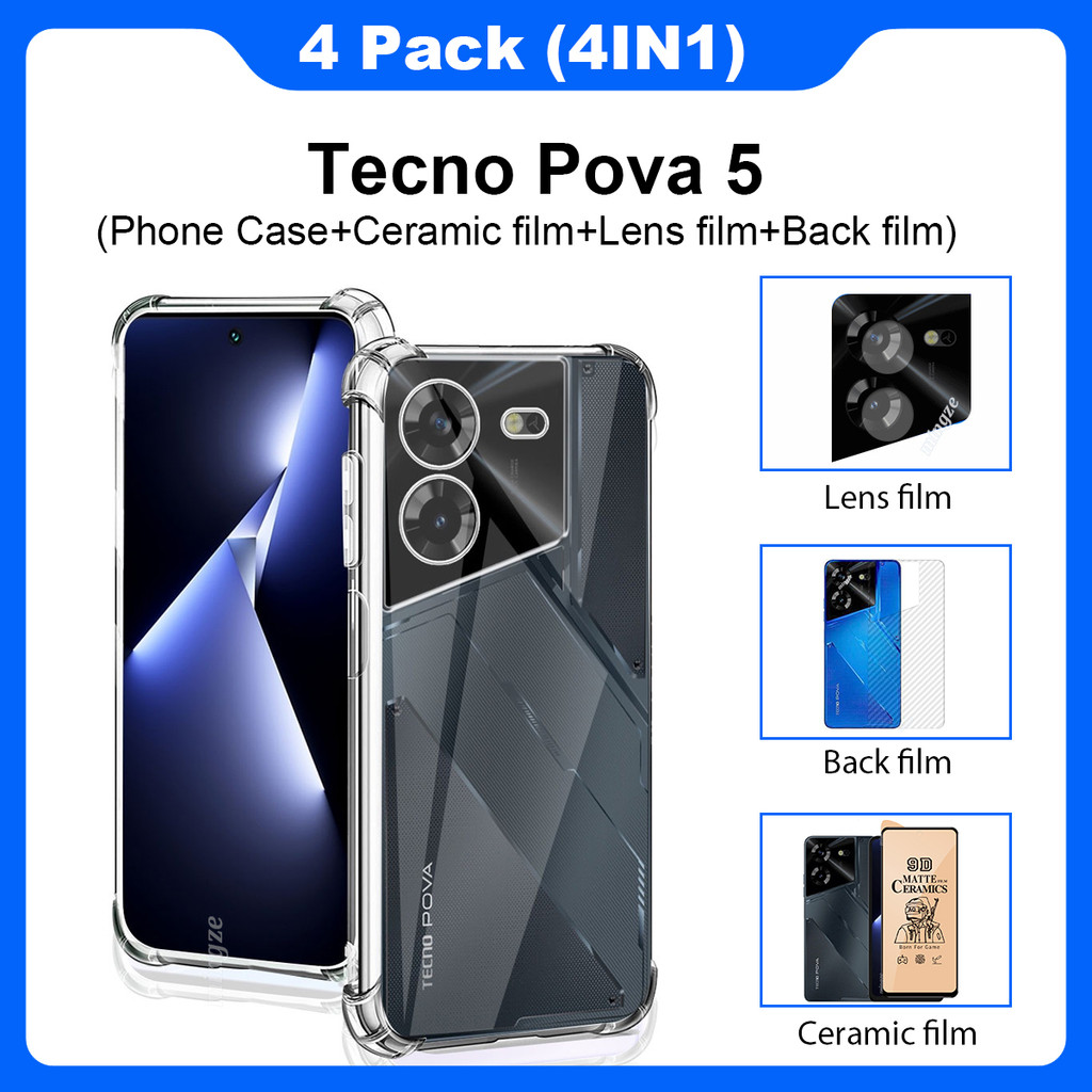 4in1 กันกระแทก TPU เคสโทรศัพท์แบบนุ่มสําหรับ Tecno Pova 5 ฝาหลังเคสป้องกัน + คาร์บอนไฟเบอร์ฟิล์มด้านหลัง + ฟิล์มเลนส์กล้อง