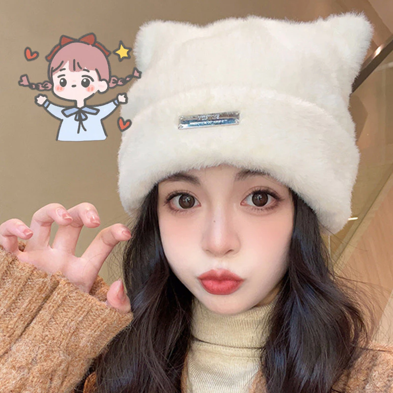 หมวกถักหูแมว ผ้าขนสัตว์เทียม แฟชั่นเกาหลี