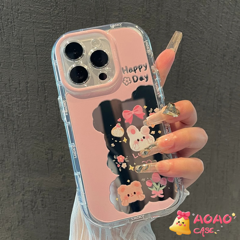 การ์ตูนกระต่ายน่ารักหมีมีความสุขในวันทำกระจกนุ่ม เคสiPhone 16 13 11 15 12 14 Pro Max XR 16 7 8 15 Plus XS X Max SE 2020