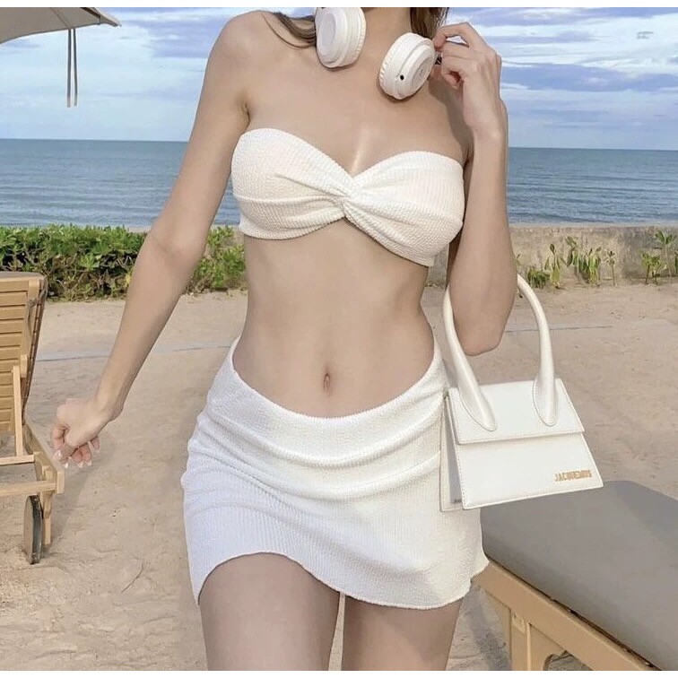 Summer Girl ชุดว่ายน้ำ3ชิ้น bikini สายฝอ เซ็กซี่ สีพื้น สไตล์เกาหลี เหมาะกับเดินชายหาด ส่งไวจากไทย
