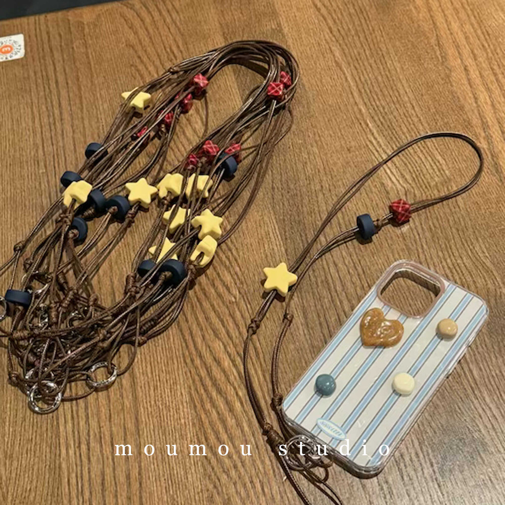 Huiwanju สร้อยคอดาวสีเหลือง โซ่เชือกสีน้ําตาล จี้พวงกุญแจ AirPods Pro เครื่องประดับโซ่โทรศัพท์มือถือ