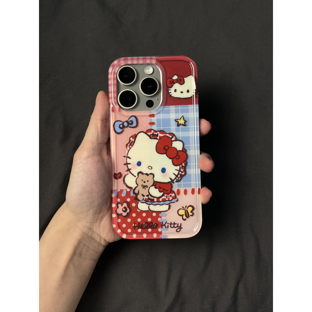 Creative Stitching ลายสก๊อต Polka Dot kitty Double Layer เหมาะสําหรับ iPhone16Promax Apple 15/14 เคสโทรศัพท์ 13/12/11 เคสกันกระแทก S05D