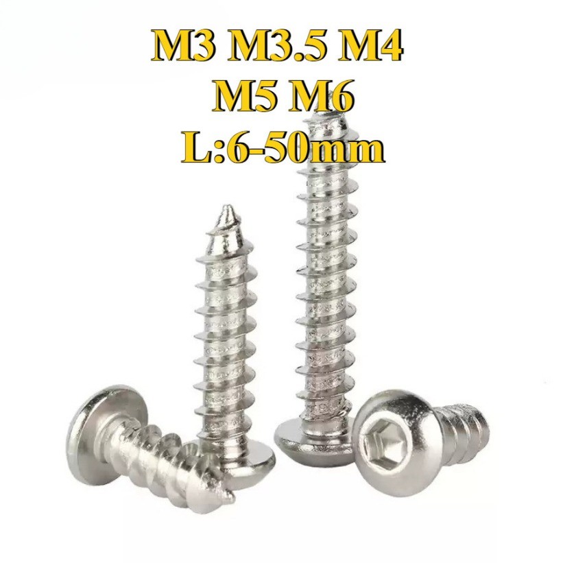 สกรู เกลียวปล่อย เตเปอร์   หัวจมกลม ชุบนิกเกิล / Button Head Hexagon Socket Tapping Screw M3/M3.5/M4