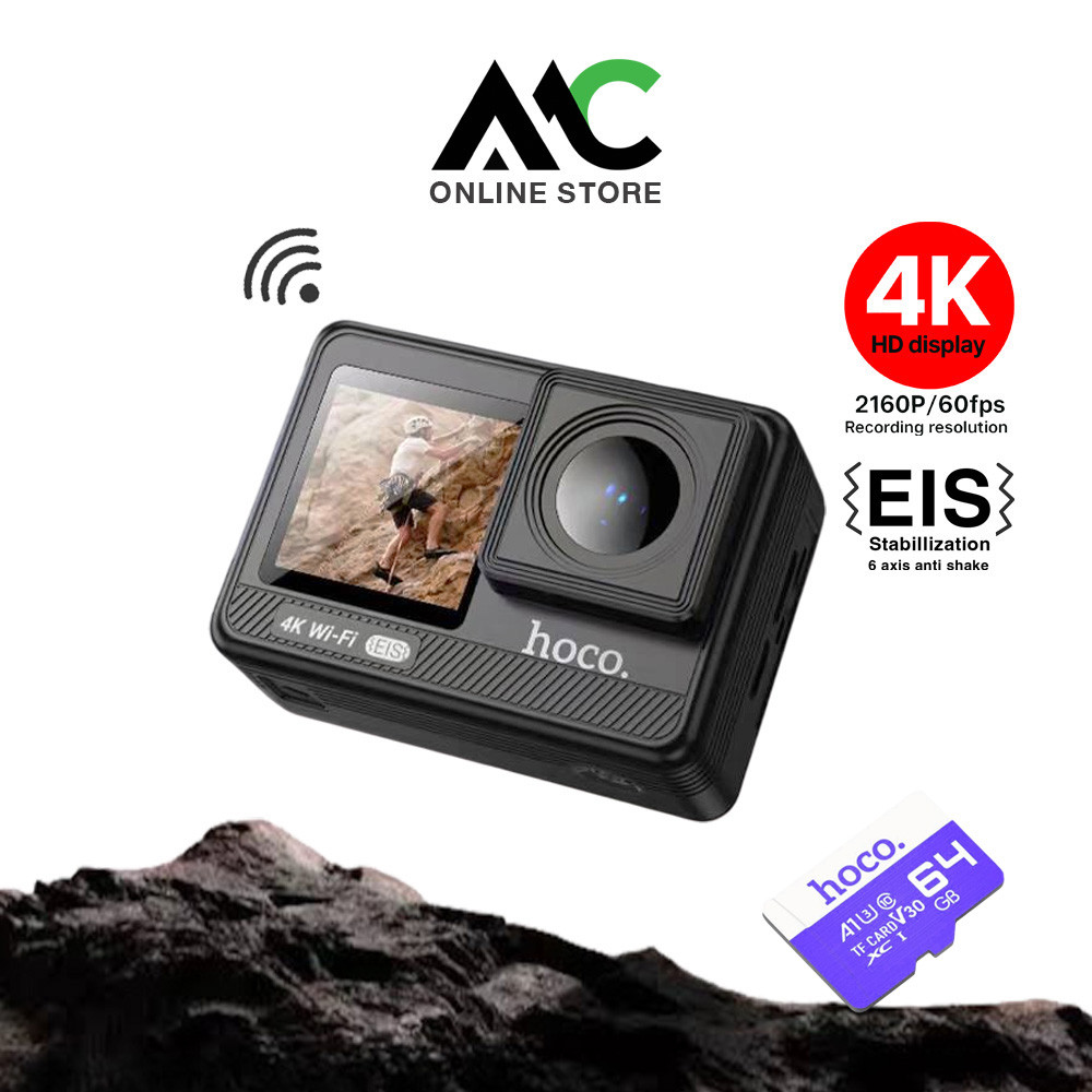[พร้อมเมม 64Gb] Hoco DV102 กล้องแอคชั่น 4K/60fps หน้าจอคู่ EIS มีระบบกันสั่น WiFi มุมมอง 150 องศา