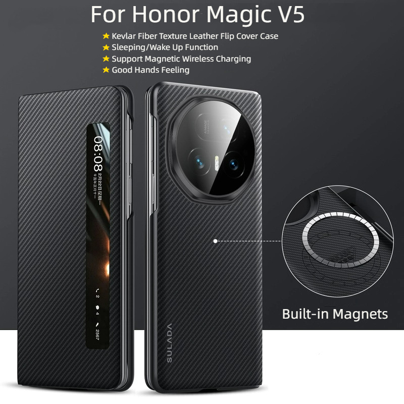 สําหรับ Honor Magic V5 V 5 MagicV5 กรณีหรูหราคาร์บอนไฟเบอร์ Texture Sleeping Wake Up ฟังก์ชั่นแม่เหล็กไร้สายชาร์จสมาร์ทพลิกฝาครอบโทรศัพท์ปลอกสําหรับ Honor Magic V5
