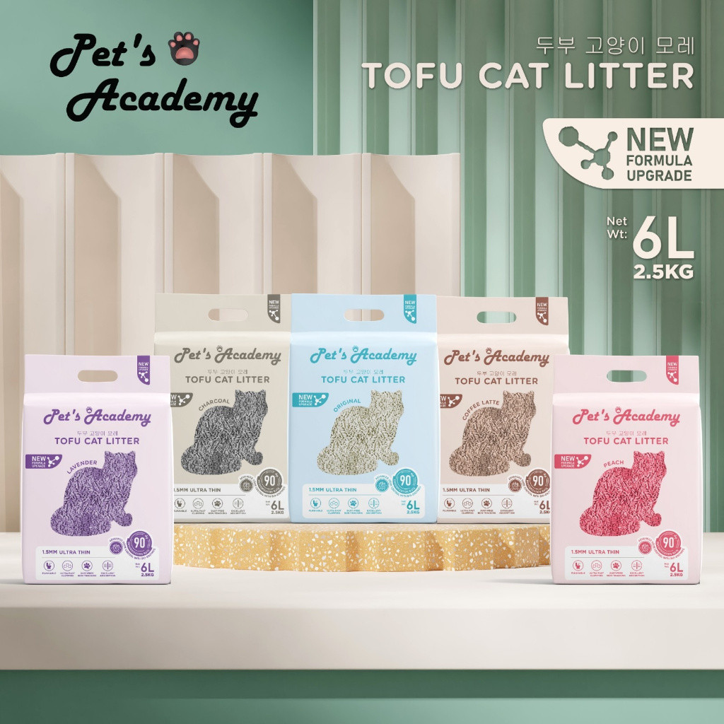 PETS ACADEMY ทรายแมวเต้าหู้ 6L 2.5กก. (1แพ็ค) - ฟลัชชิ่ง, ไร้ฝุ่น, จับตัวเป็นก้อนเร็ว, บางพิเศษ 1.5ม