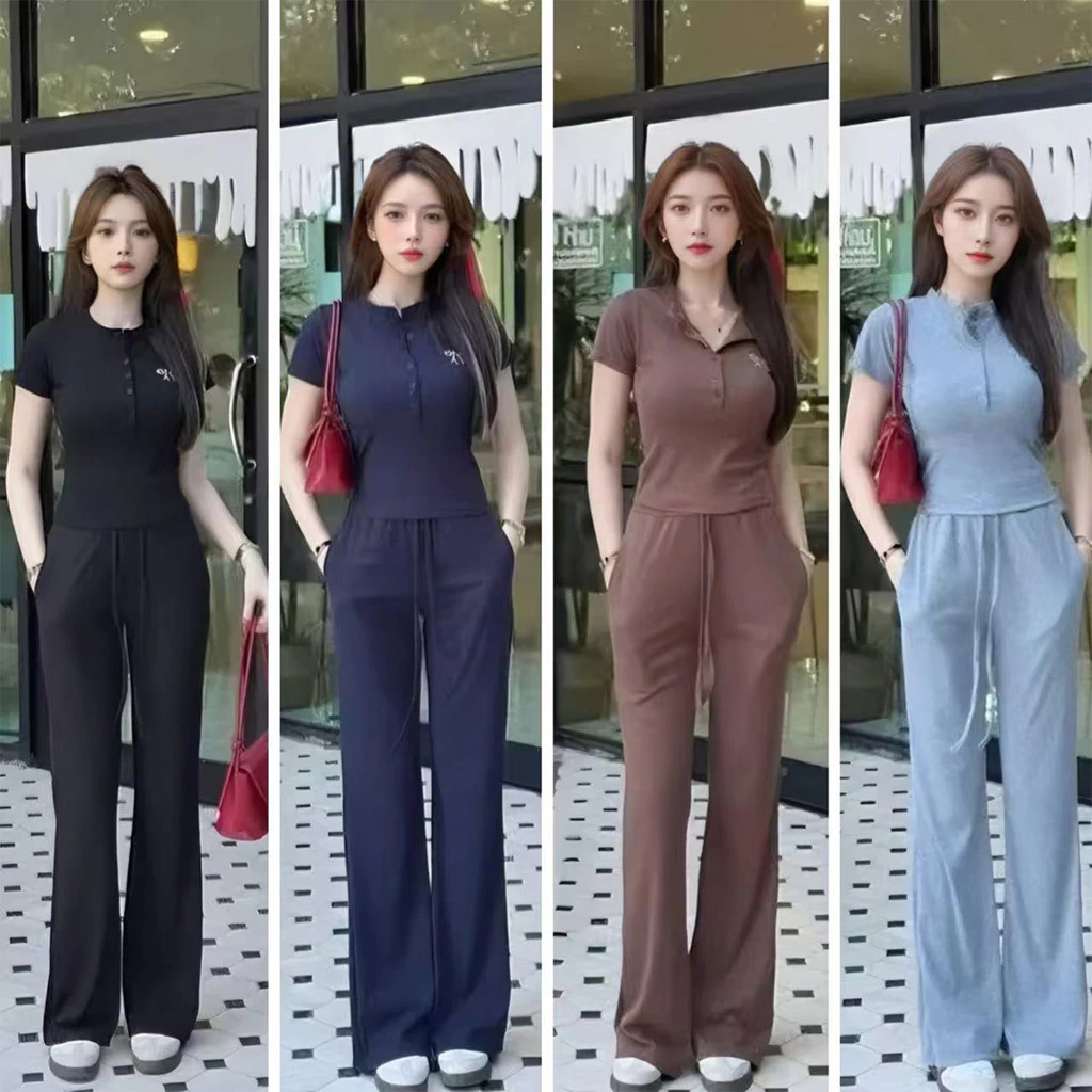 ชุดเซตแฟชั่น สีเทาเรียบหรู กางเกงขากว้าง ใส่ได้ทุกวัน