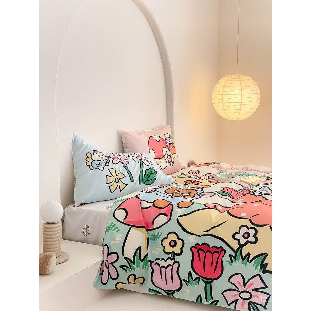 นางฟ้าดอกไม้น่ารัก Toyama Store xHalohouse สาวสีชมพูผ้าฝ้าย 100% ชุดสี่ชิ้นหอพัก R7WQ