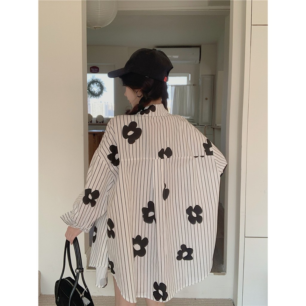 ล้างสต็อก💓 MUJ002 เสื้อลายทางแขนยาวไหล่ตก พิมพ์ลายดอกไม้สุดน่ารัก ใส่คลุมชิคๆ  รอบอก44 สาวอวบ สาวอ้วนใส่ได้ - รูปที่ 6