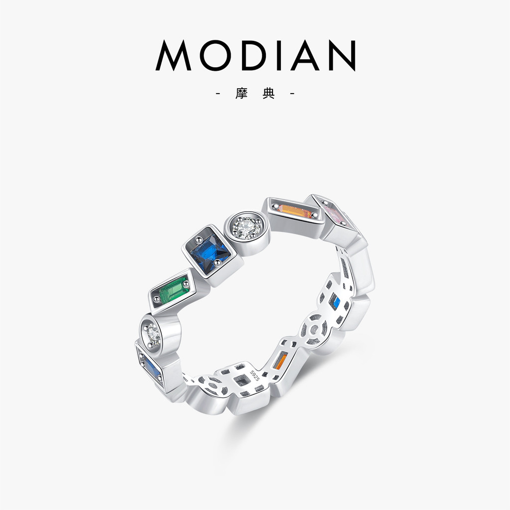 MODIAN MODIAN S925 อารมณ์แฟชั่นเรขาคณิตแหวนเพชรสีสันสดใสการออกแบบเฉพาะแหวนนิ้วชี้หญิง