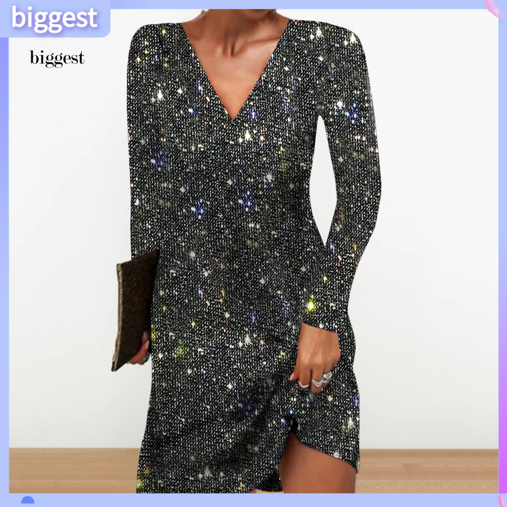 ชุด.party.mini.ผู้หญิง.แขนยาว.V.คอ.ประดับเลื่อม.BGT.สำหรับ.Fashionistas