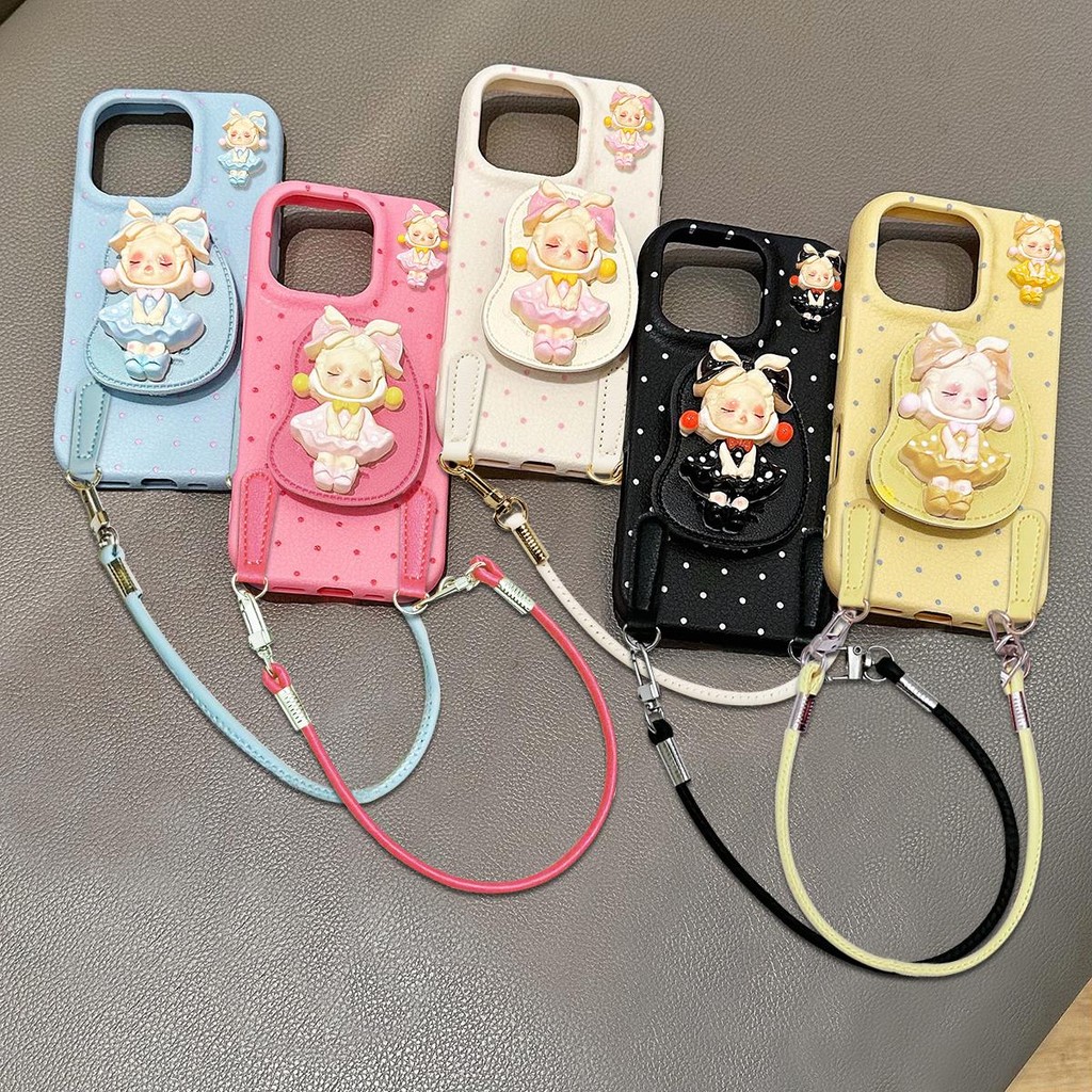 สาวฟองสามมิติพร้อมเชือกเส้นเล็กหนังสําหรับเคส iPhone 16promax 16pro 16plus 15plus 15 15promax 14promax 13pro 13promax 12 12pro 11 11promax 14plus