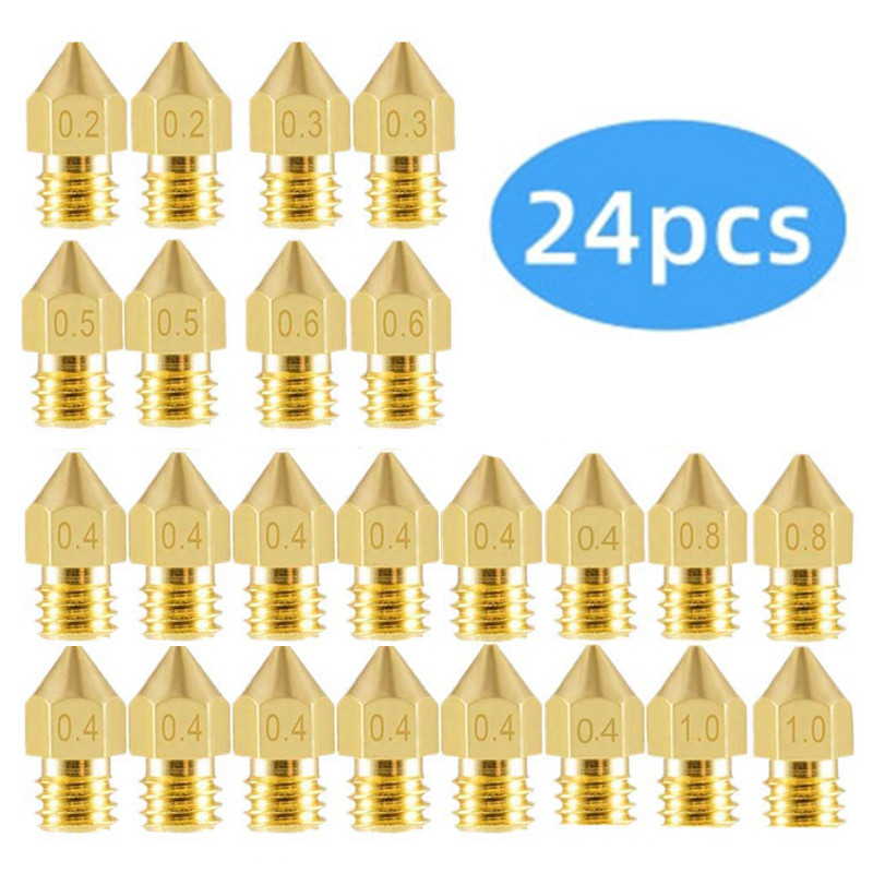 24Pcs MK8 Extruder Nozzles 0.2/0.4/0.5/0.6/0.8/1.0mm M6 Thread for Creality Ender 3/3 Pro/3 V2, Ende