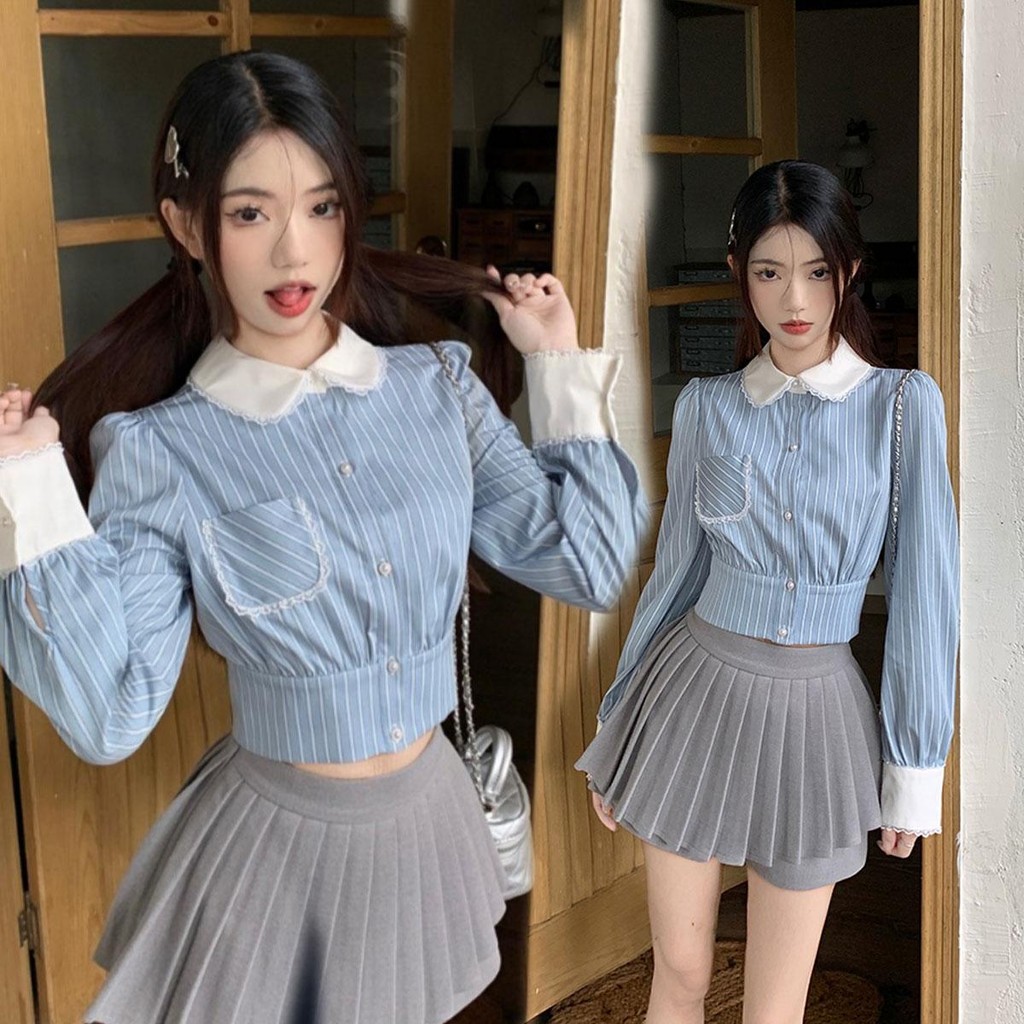 Dahong เสื้อเชิ้ตแขนยาวผู้หญิงแฟชั่น สไตล์วิทยาลัยเสื้อเชิ้ตแขนยาวลายทางสีฟ้าขนาดใหญ่เอวสั้นเสื้อคอป 99111
