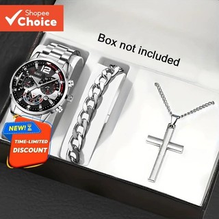 Jam Tangan Lelaki 3in1 – Men’s Stainless Steel Quartz Watch Gift Set