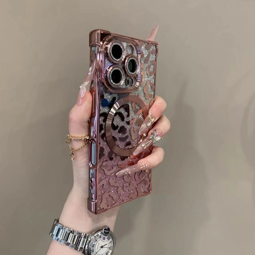 หรูหราสี่มุม DROP-Resistant Glitter เสือดาวพิมพ์เคสโทรศัพท์แม่เหล็กสําหรับ iPhone16 15 14 13 Pro Max กันกระแทกกล้องป้องกัน DROP-Resistant นุ่มปกหลัง