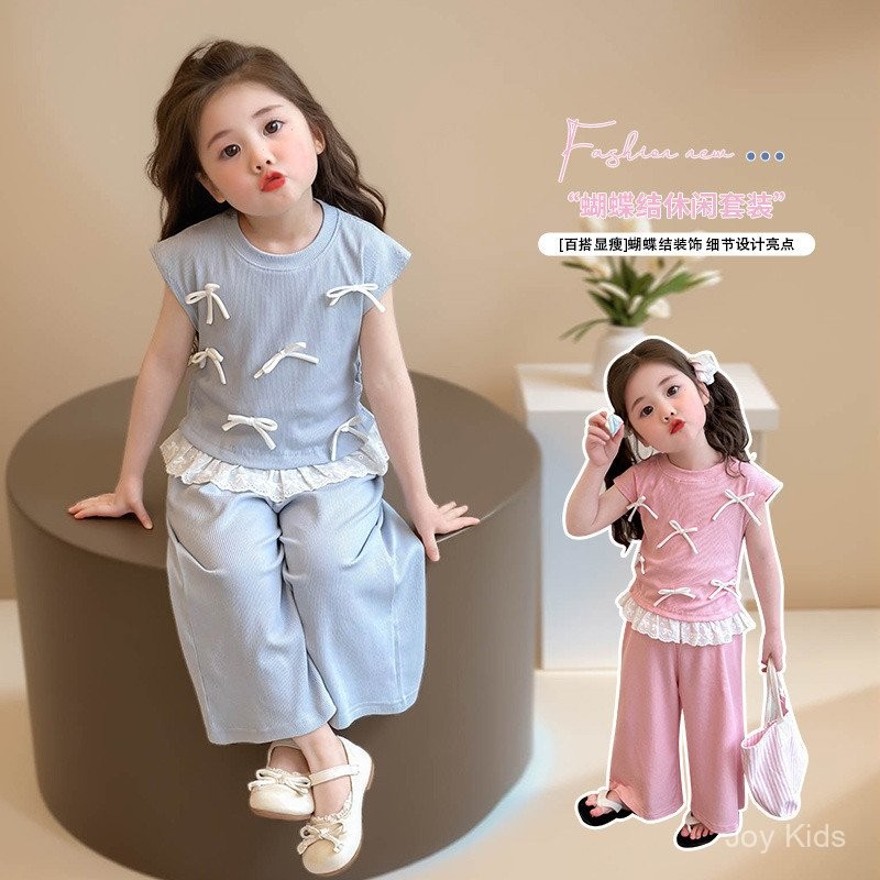 ✨JoyKids✨ เสื้อยืดเด็กหญิงโบว์3D คู่กางเกงขากว้างสไตล์เกาหลี 2025เนื้อผ้าไมโครโมดัล นุ่มลื่น