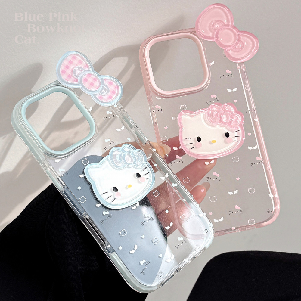 Ins 3DตารางBowknot KittyรูปแบบClear IPhoneสําหรับIPhone 16 Pro Max 16 15 14 Pro Max 13 12 11 Anti Yellowing Hard Tpuกลับหนา